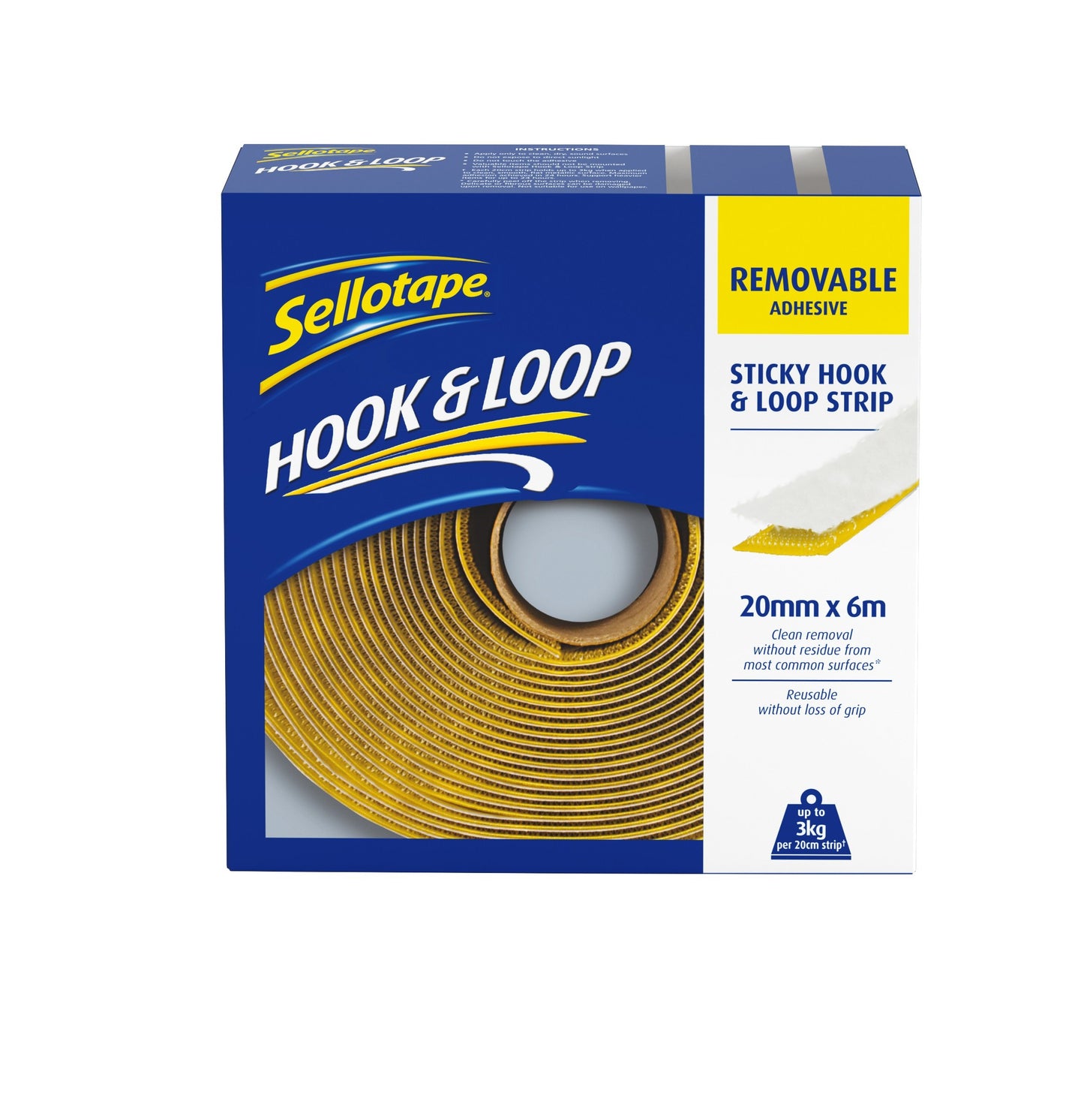 Sellotape Sticky Hook & Loop, Adhesive Strips for Temporary or Permanent Mounting of Photos & Exhibitions etc., Adhesive Tape with Clean Removal, Strong Sticky Tape, 20mmx6m Removable