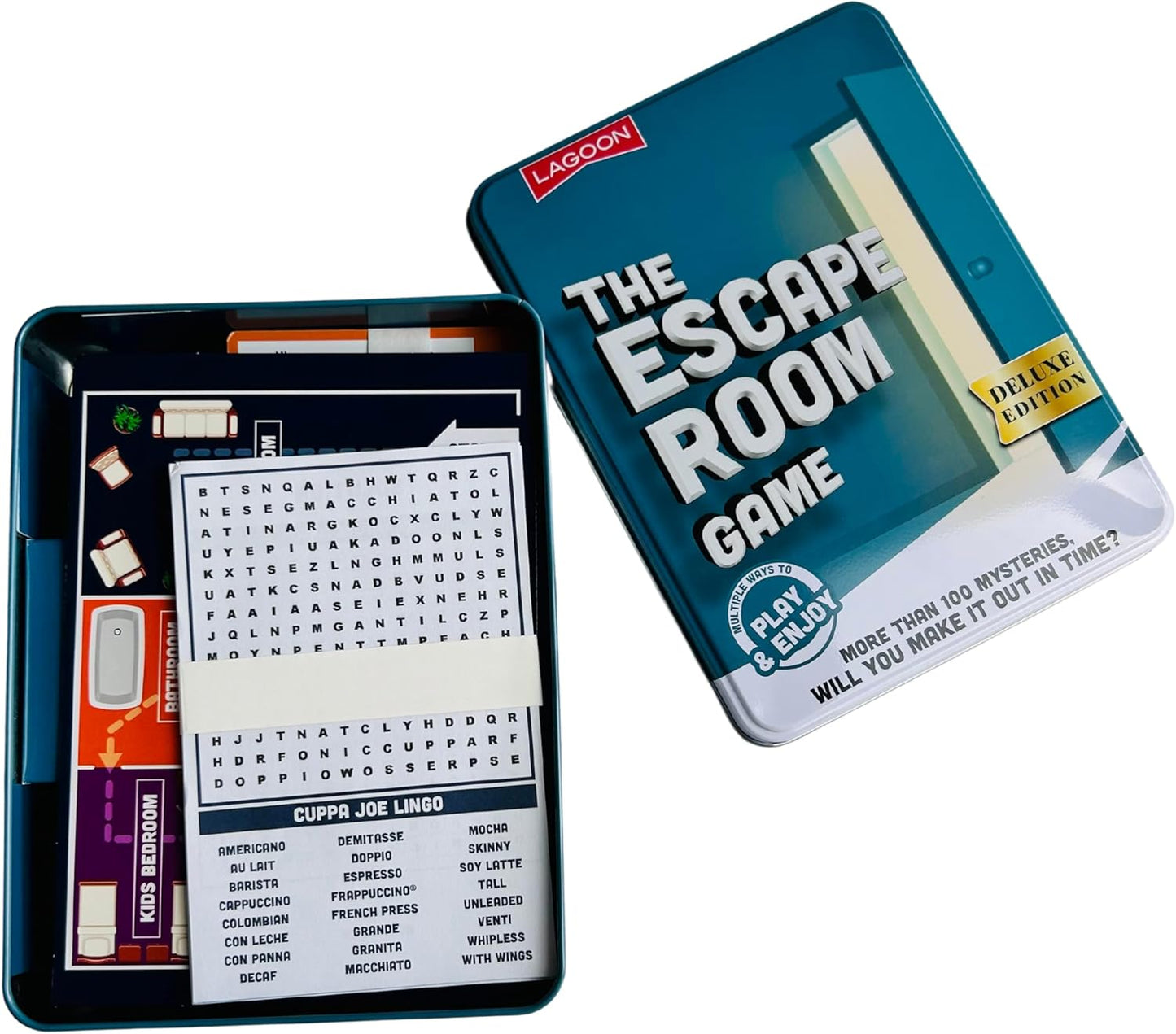 The Escape Room Mystery Game Large Deluxe Game in a Tin, Red, Green, and White
