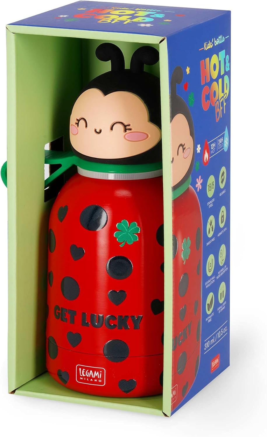 Legami - Hot&Cold BFF Ladybug Kids Thermos Flask Double Walled 18/8 Stainless Steel Airtight Keeps Warm for 12 Hours