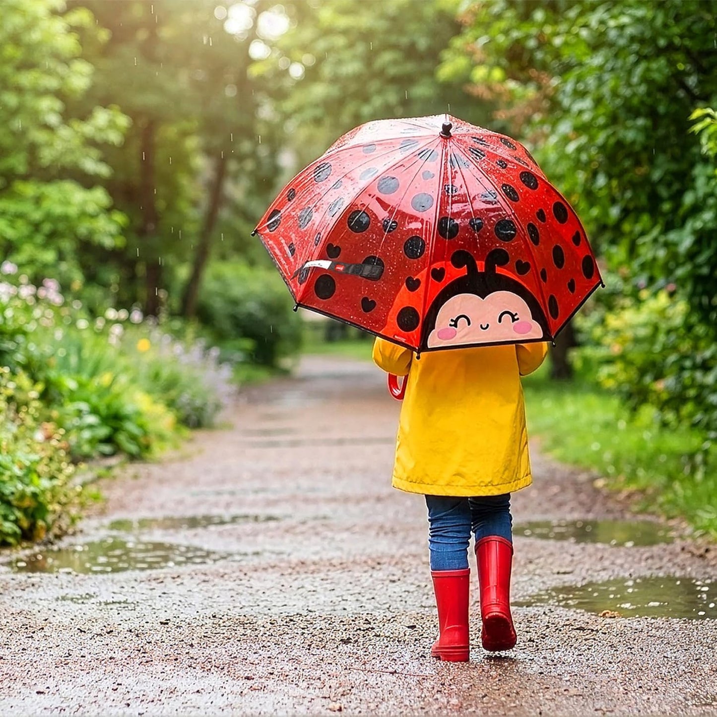 Legami - Dancin' In The Rain Children's Umbrella, Ladybug Theme, Windproof Structure, Manual Opening, Fabric Closure with Space for Name, Hook Handle, 73 x 65 cm