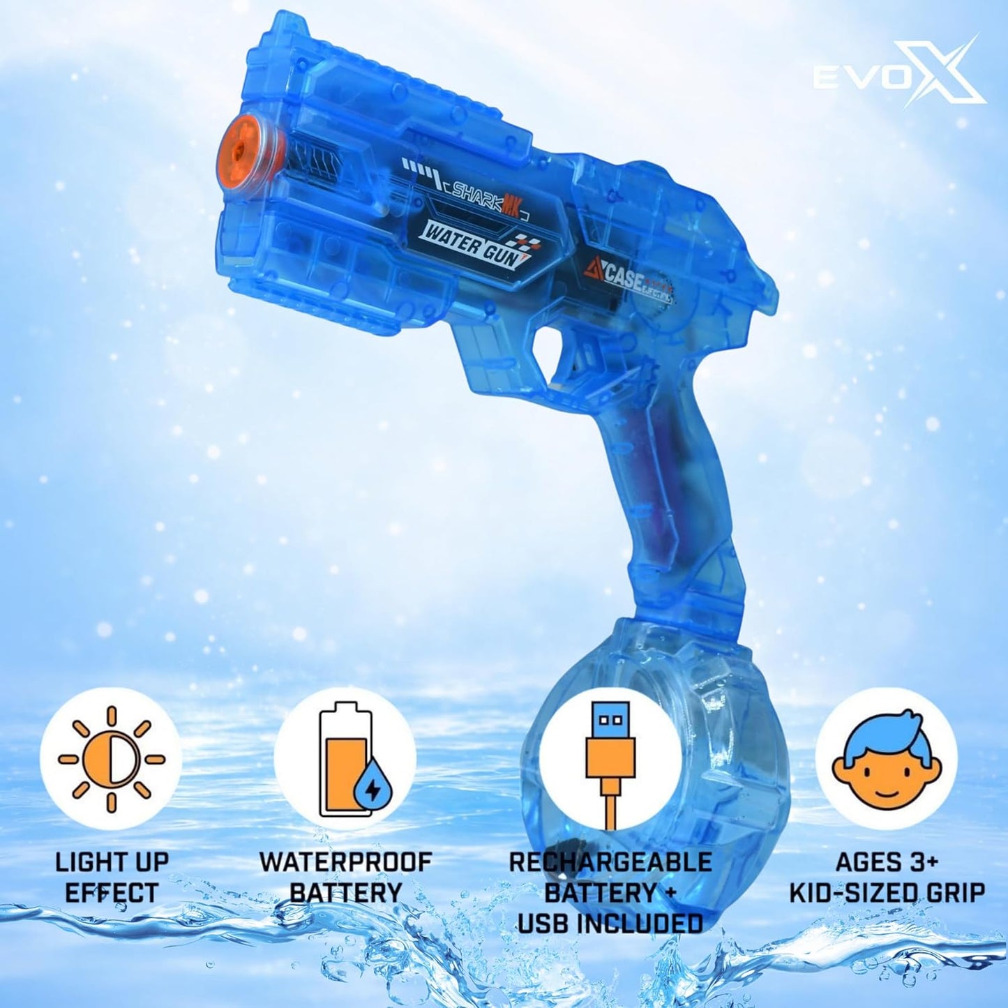 Evo-X Rapid Fire Electric Water Gun, Rechargeable Light Up Aqua Blaster with Led Effect, 320ml Tank, USB Charging, Kids Outdoor Summer Toys