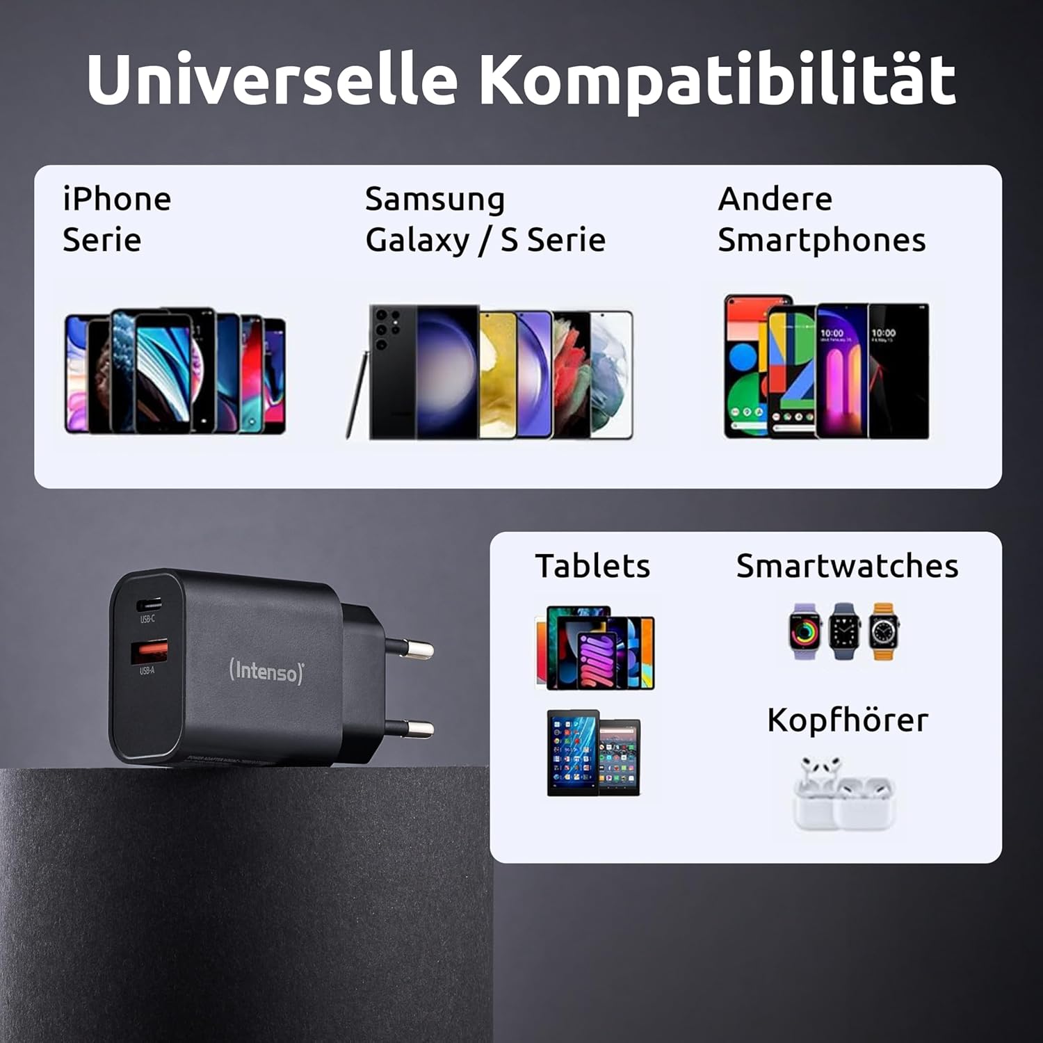 Intenso Power Adapter W30AC, 30W, USB-A and USB-C Port, for iPhone, iPad, Tablet, Samsung Galaxy and More, Black
