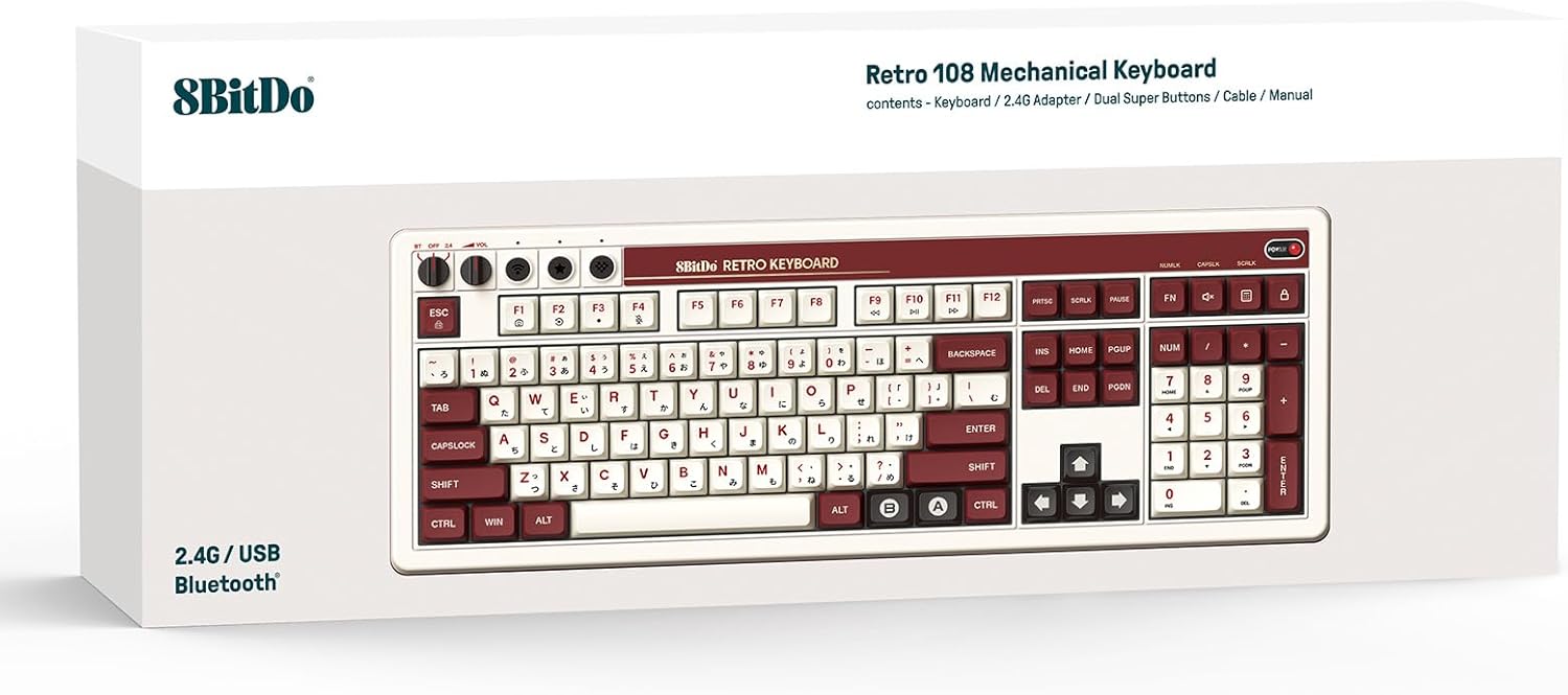 8Bitdo Retro 108 Mechanical Keyboard with 108 Keys and Integrated Numpad, Bluetooth/2.4G/USB-C Hot Swappable Wireless Gaming Keyboard for Windows and Android - ANSI US layout