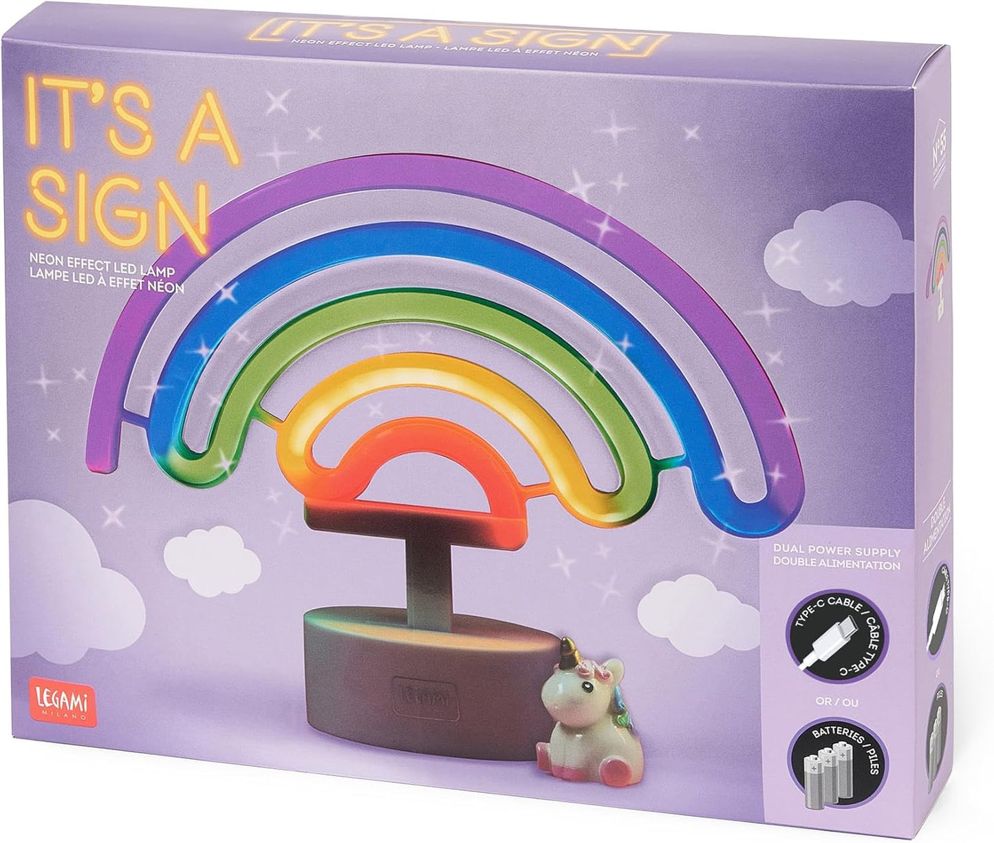 Legami - Neon Effect LED Lamp, It's a Sign, Rainbow Theme, Dual Power, Type-C Cable (Included) or Batteries (not Included), Table Lamp