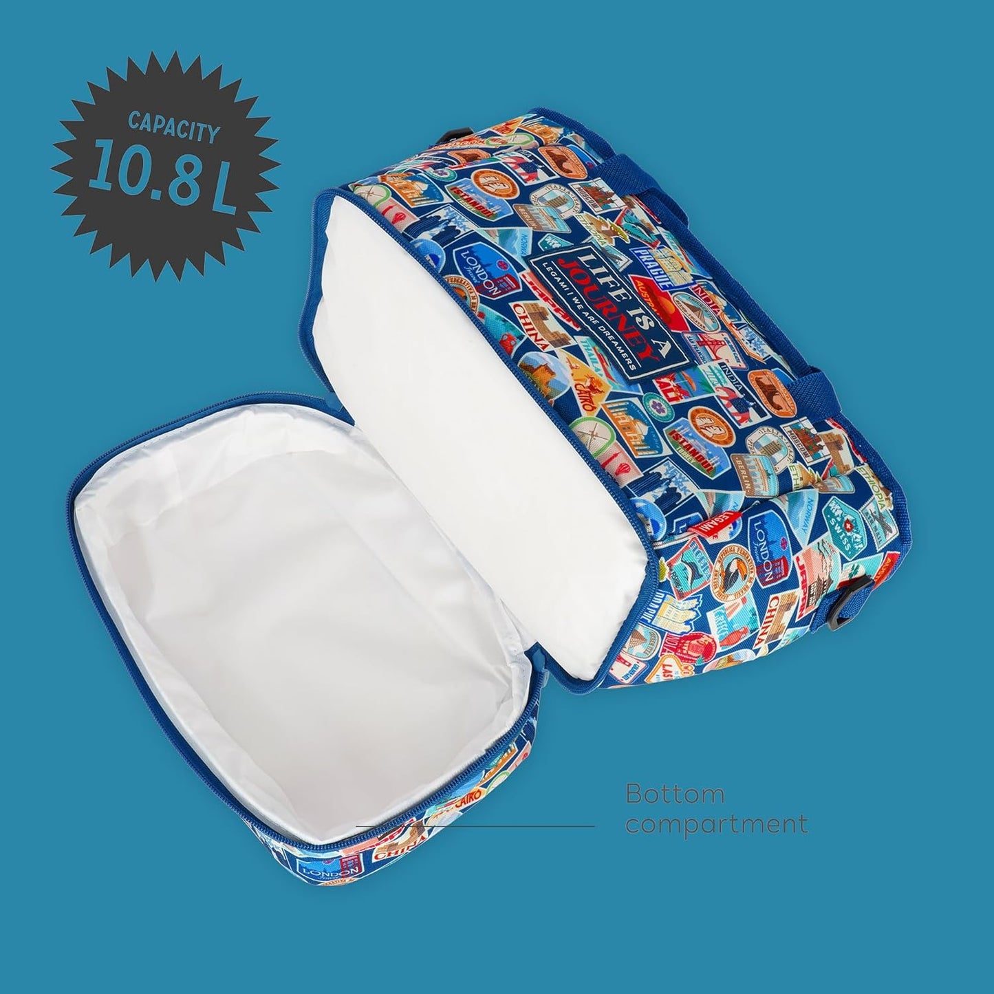 Legami - Insulated Lunch Bag, Travel Stickers, Insulated Lunch Bag, Large Lunch Bag, 10.8 litres, Adjustable Shoulder Strap, Shoulder Bag, 33 x 22 x 15 cm