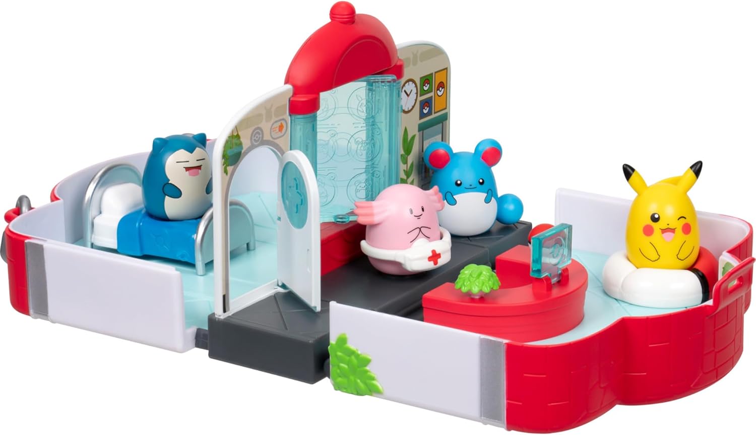 Squish-a-longs Pokémon Centre Playset by Jazwares, Collect Trade and Play, (4) Mini-Squish (Chansey, Marill, Pikachu, Snorlax) and (3) Mini-Squish accessories (Beanbag Chair, Bed, Healing Bag).