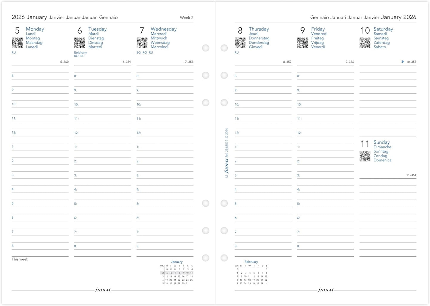 Filofax A5 week on two pages 5 language appointments 2026 diary 26-68514