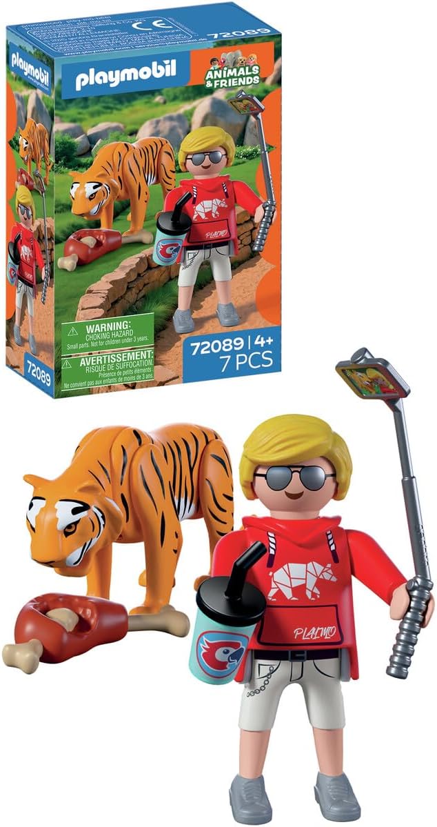 Playmobil Zoo Tiger with Baby Play Set, Includes Visitor Figure with Selfie Stick and Drink Cup, Wildlife Animal Toy