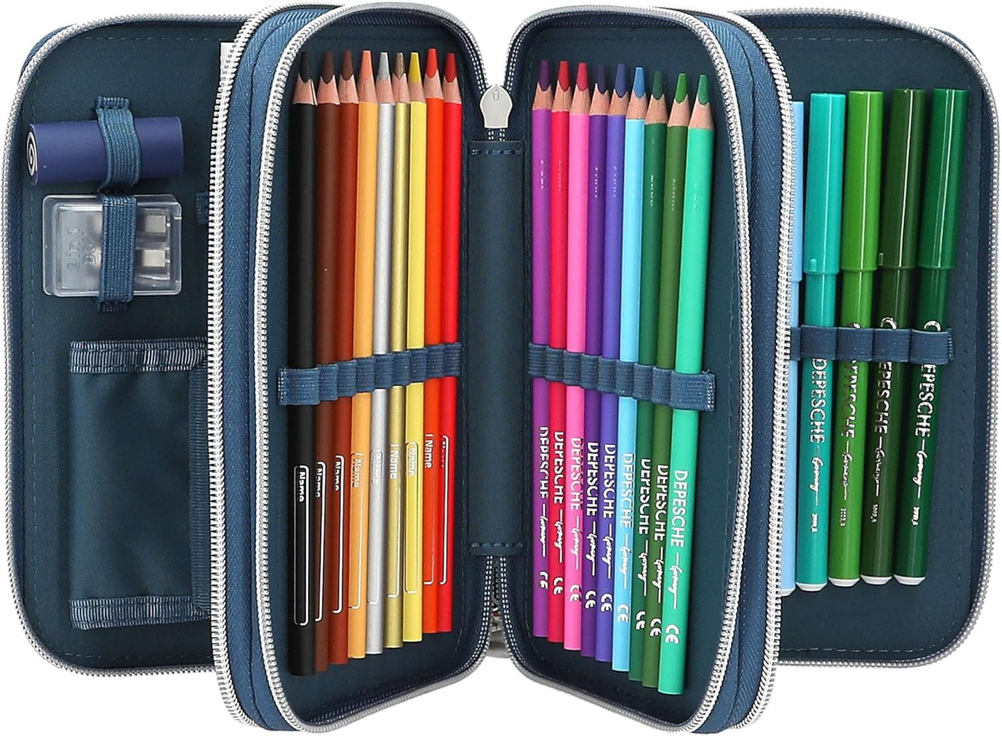 Depesche 13982 Dino World - Filled 3-Compartment Pencil Case in Blue, with T-Rex Motif on Flame Background, Pencil Case with Colouring Pencils, Scissors, Ruler, etc.