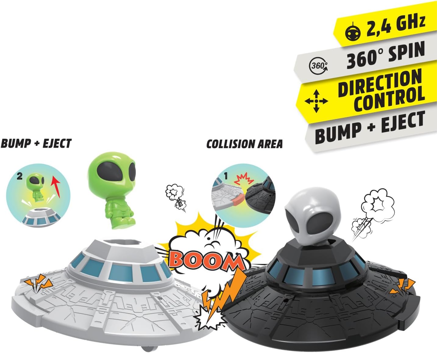 Dickie Toys – UFO Bumper Set 2,4 GHz (14 cm), op afstand bestuurde speelset voor kinderen vanaf 6 jaar, crash functie, tot 6 km/u, 2 afstandsbedieningen en 2 UFO's, zwart grijs groen