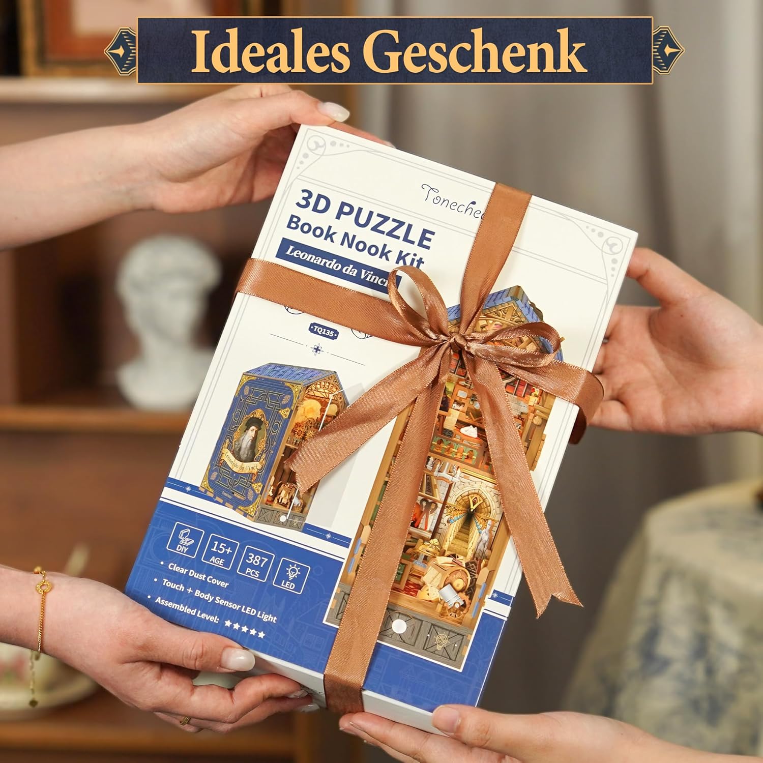 Tonecheer DIY Book Nook Kit mit Staubschutz und LED-Licht, 3D Holz Puzzle, bewegliche und rotierende Teile, kreative Buchstütze für Bibliothek, Geschenkideen für Erwachsene(Leonardo da Vinci
