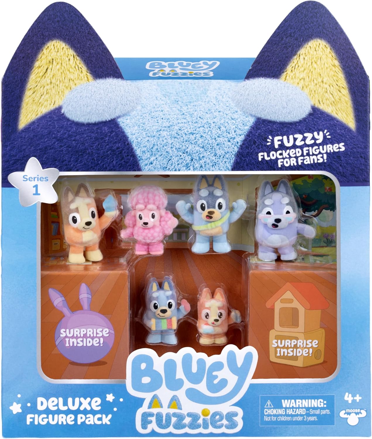 Bluey Set di figure Fuzzies Deluxe con 6 mini statuette da collezione appositamente floccate. Include 2 figurine a sorpresa (pacchetto cieco), carte collezionabili e guida da collezionare. 80 A