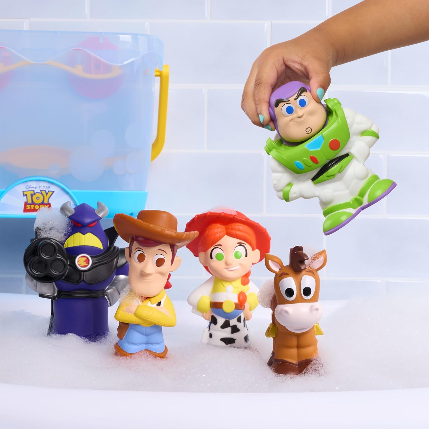 Disney Toy Story Bath Caddy, 6-pieces, 5 Bath Toy Figures Sealed for Safety, Attaches to Wall, Bath Toy for Fans, Girls, Boys, Kids, Ages 3 and Up