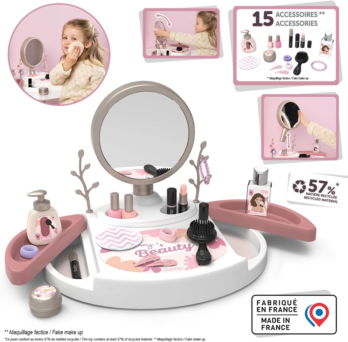 Smoby - My Beauty Studio - Kapsalon, Nagelsalon, Nepmake-up - Afneembare spiegel - Draaibare lades - 15 accessoires - Gerecycled materiaal - Vanaf 3 jaar - Gemaakt in Frankrijk