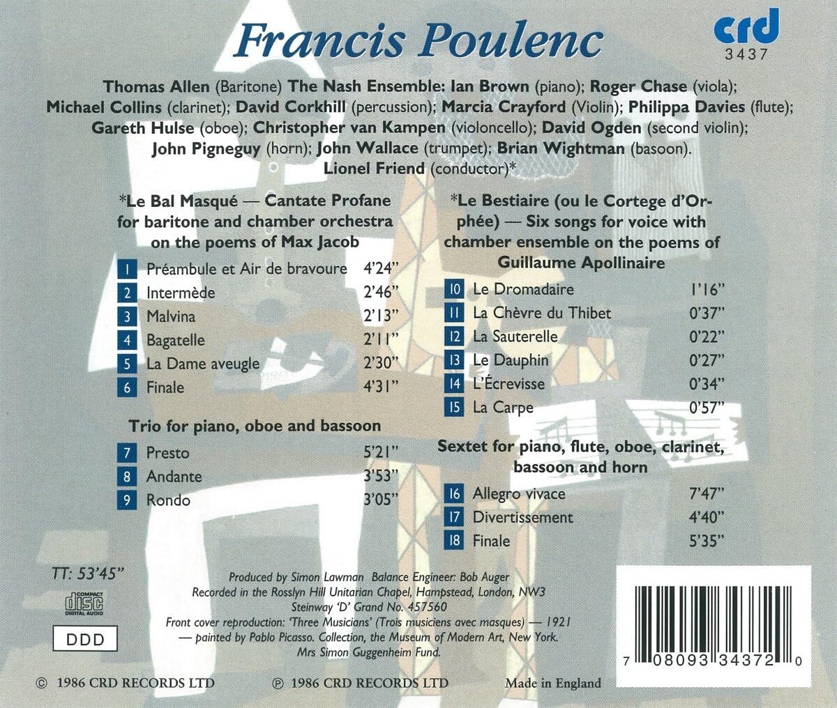 Francis Poulenc: La Bal Masque/Trio/Le Bestiaire/Sextet