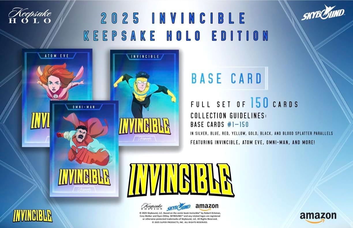 2025 Invincible Season 1 Keepsake Holo Breaker Box, Breakers Edition, 2 Packs Per Box, Holo Mirror Cards, Relics, Case-Based Inserts, 600-Card Checklist