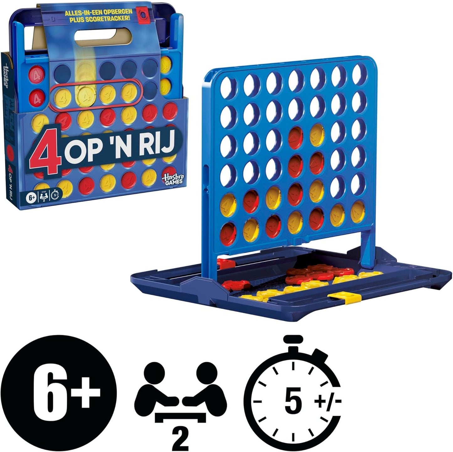 Official Hasbro games, 4 on a Row game (2025 edition) | All-in-one storage, carrying case, scoretracker | Age 6+ | 2 players | Family games for children - English version
