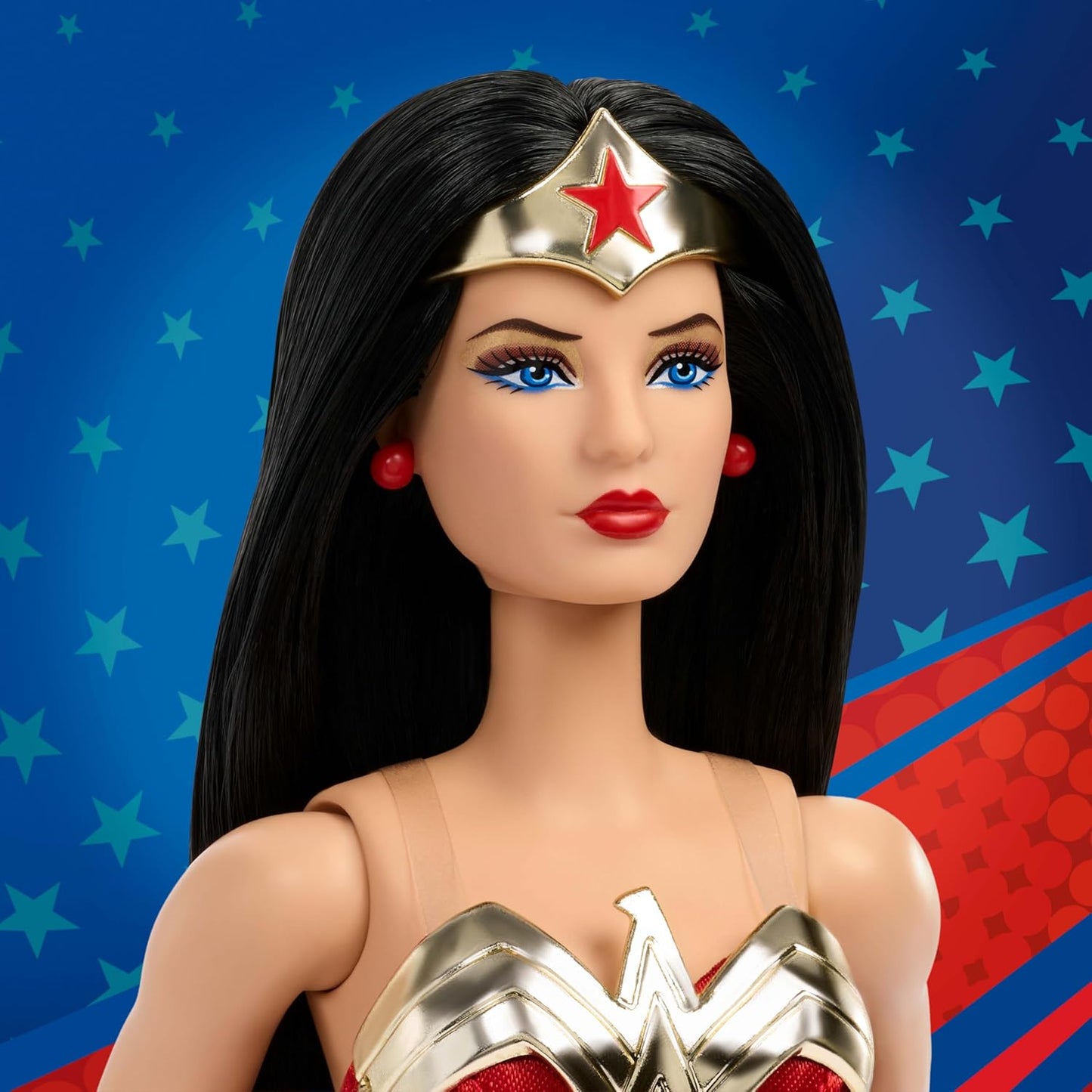 Barbie Signature Doll, Wonder Woman Collectible with Doll Stand in Red and Blue Tank Suit with Golden Accessories like Lasso, Headpiece and Belt, JBJ36