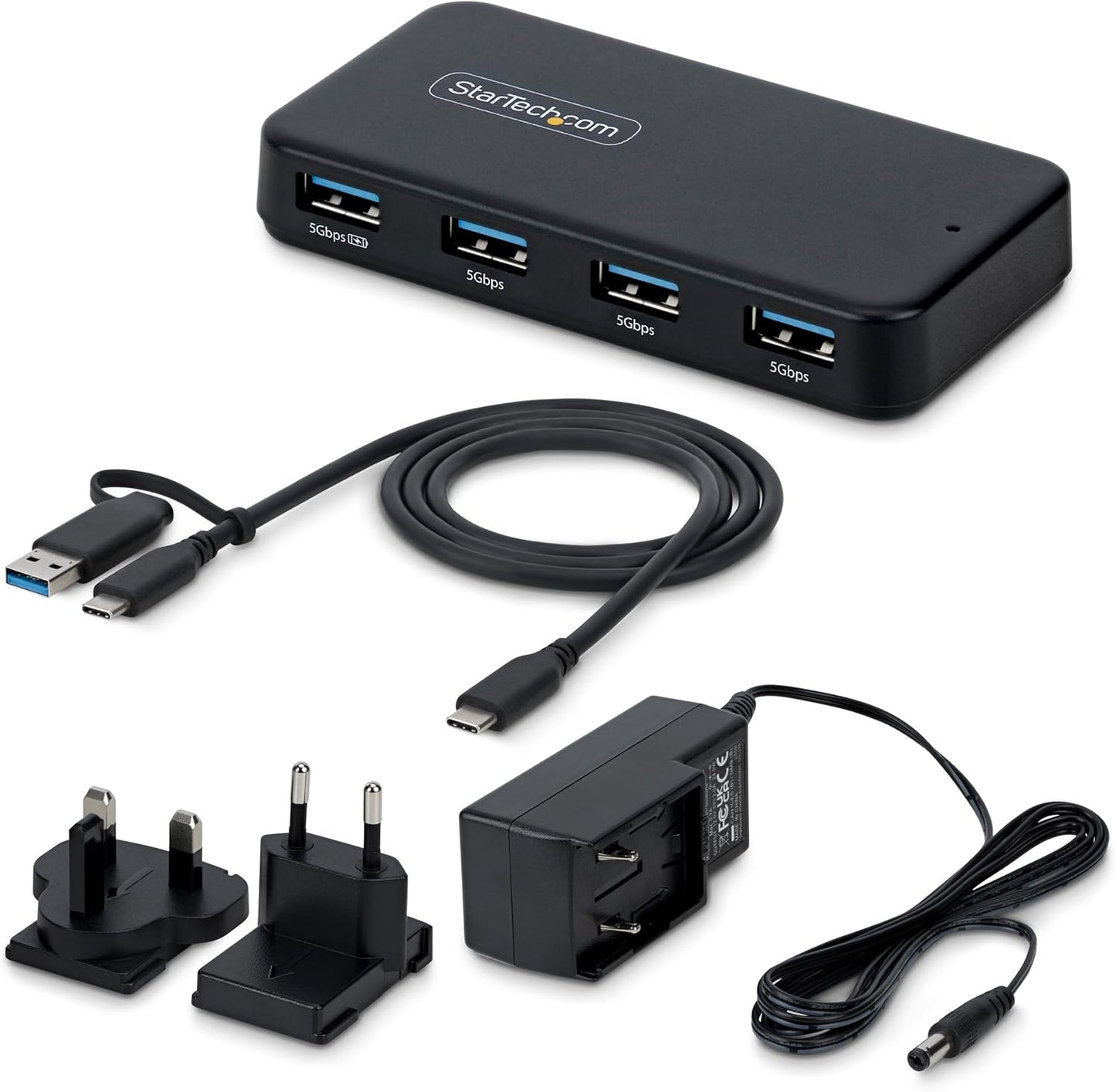 StarTech 4-Port USB-A Hub, 5Gbps, Self-Powered, 2-in-1 USB-C and USB-A Host Cable, 1x BC 1.2 Charging Port, 24W Power Adapter Included, MacBook and Windows