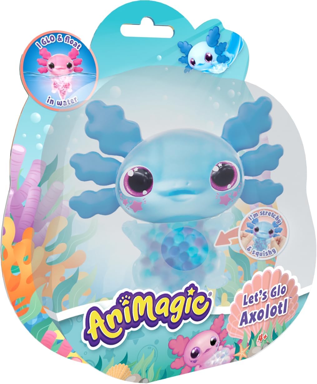 Animagic - Let's Glo Axolotl Blauw, Elektronisch en Verlicht Huisdier Voor Kinderen Vanaf 4 Jaar, Zintuiglijke speel- en aanraakervaring, Uitrekbaar lichaam, Drijft en gloeit in water