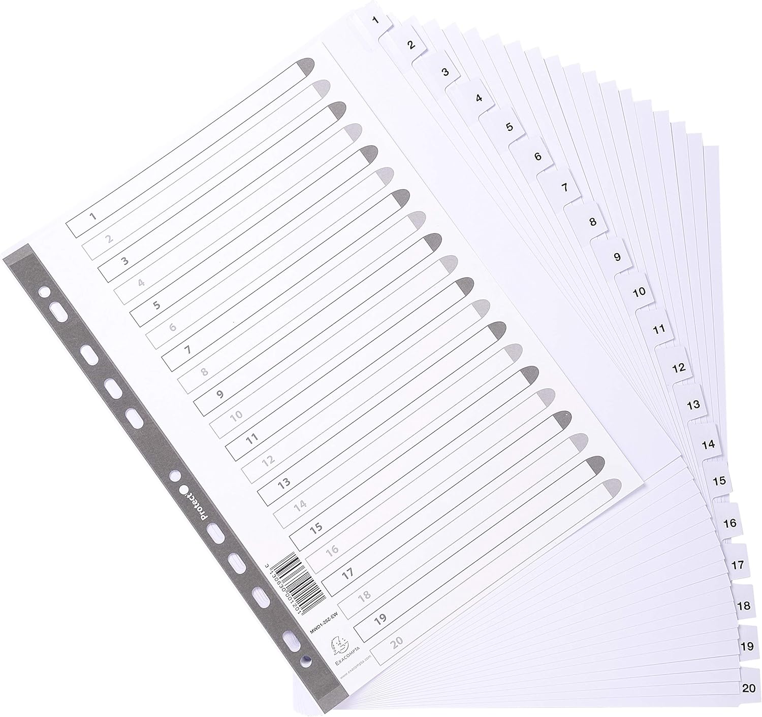 Exacompta - Ref MWD1-20Z-EW - Mylar Printed Indices - For Use With A4+ Documents, Pre-Punched, 160gsm White Card with Reinforced Plastic Tabs, FSC-Certified - 20-Part Dividers (1-20