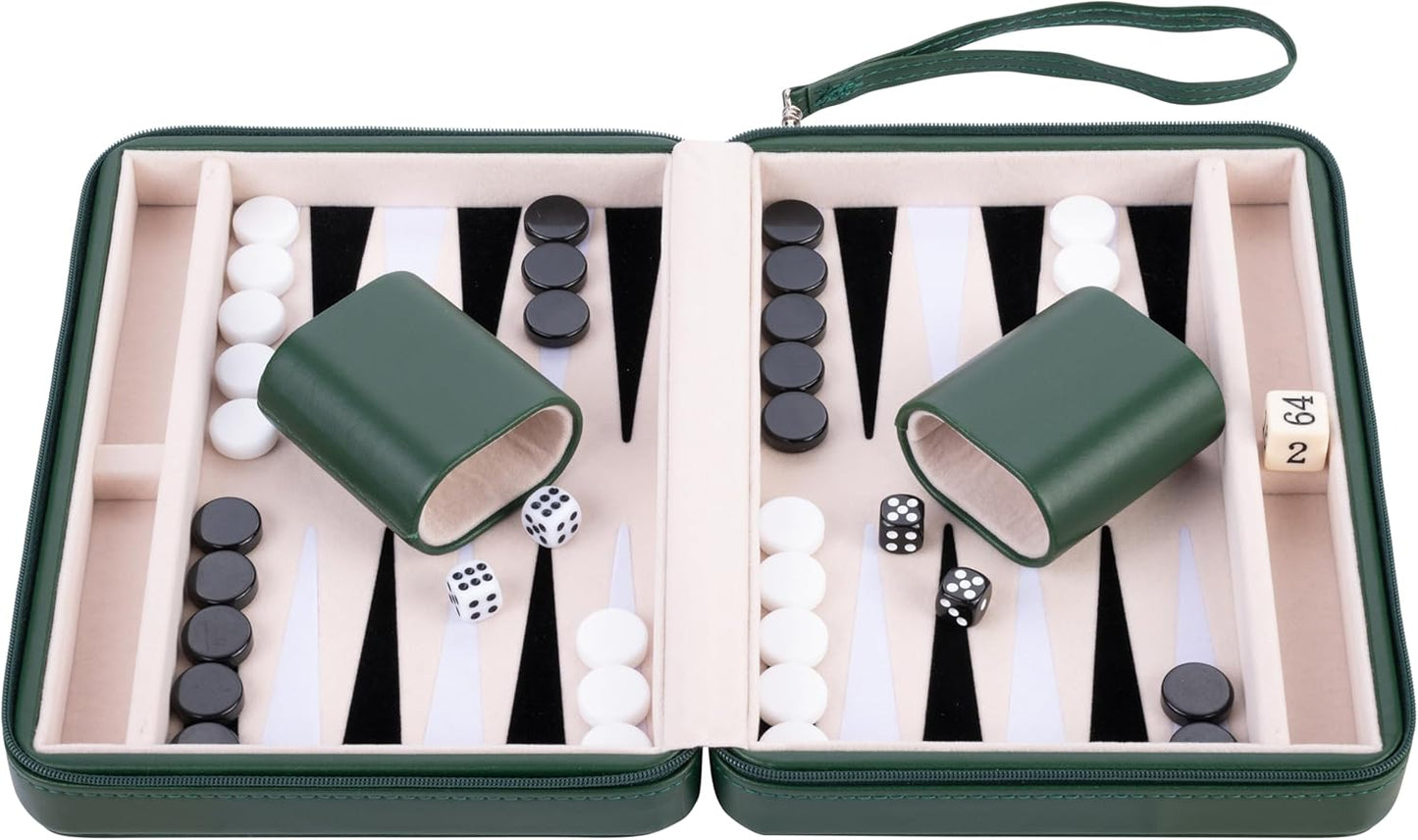Engelhart – 250503 – Reisspel Backgammon 9 Inch – Groene Buitenkant met Ritssluiting – Vilten Binnenkant Crème/Zwart/Wit – Inclusief Accessoires