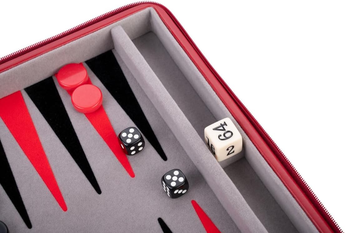 Engelhart – 250500 – Deluxe Reisspel Backgammon 9 Inch – Rode Ritssluiting – Vilten Binnenkant – Grijs, Zwart, Rood – Inclusief Accessoires