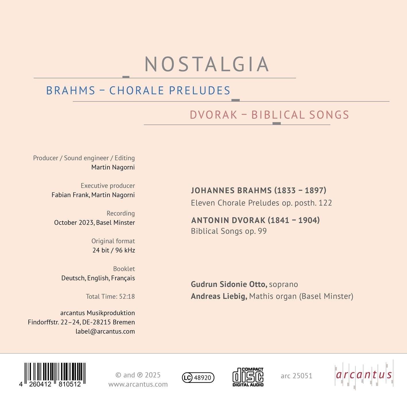 Gudrun Sidonie Otto/Andreas Liebig: Nostalgia: Brahms: Chorale Preludes/Dvorak: Biblical Songs