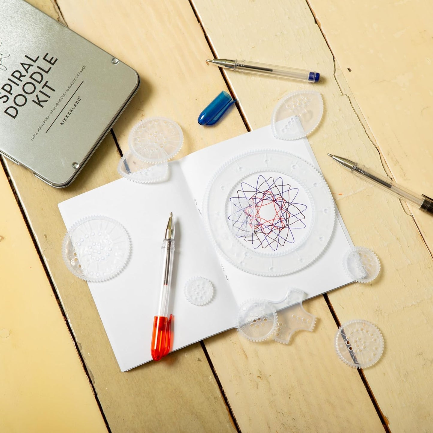 Kikkerland Spiral Doodle Kit – Compact Circle Art Set with Geometric Ruler & Template for Drawing – Arts & Crafts for Kids & Adults