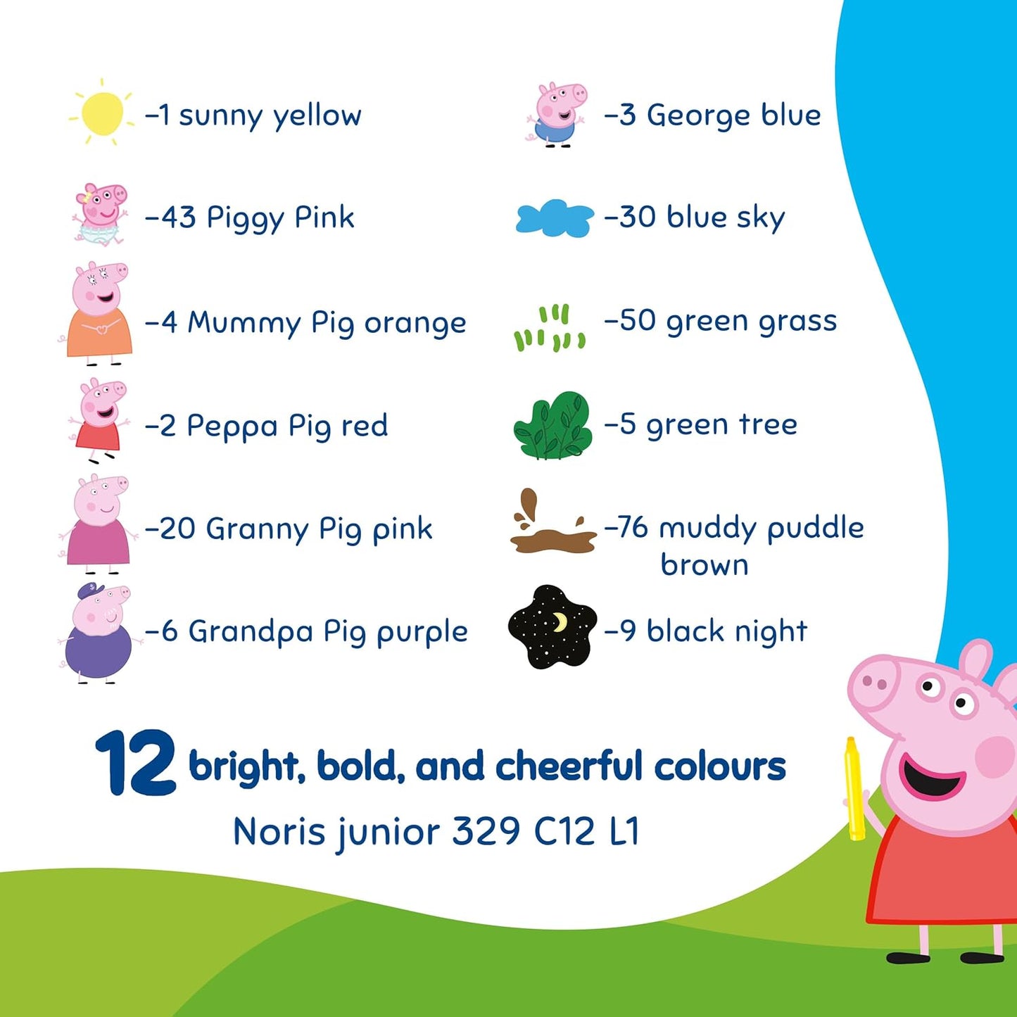 STAEDTLER Peppa Pig x Noris Junior Jumbo Felt-Tip Pens for Large-Area Colouring - 12 Assorted Colours - for Kids Aged 2+ Years - Pack of 12, 329 C12 L1