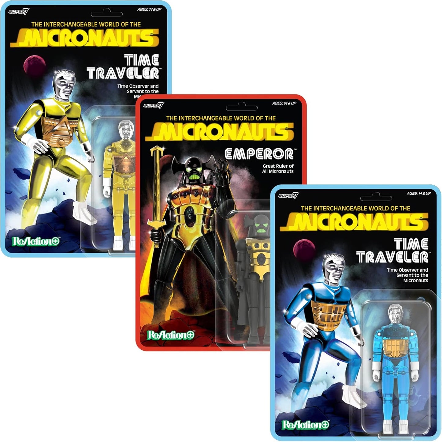 Super7 Reaction+ Micronauts Voyageur dans Le Temps (Jaune translucide) – Figurine Micronauts de 10,2 cm avec Accessoires – Objets de Collection Classiques et Jouets rétro
