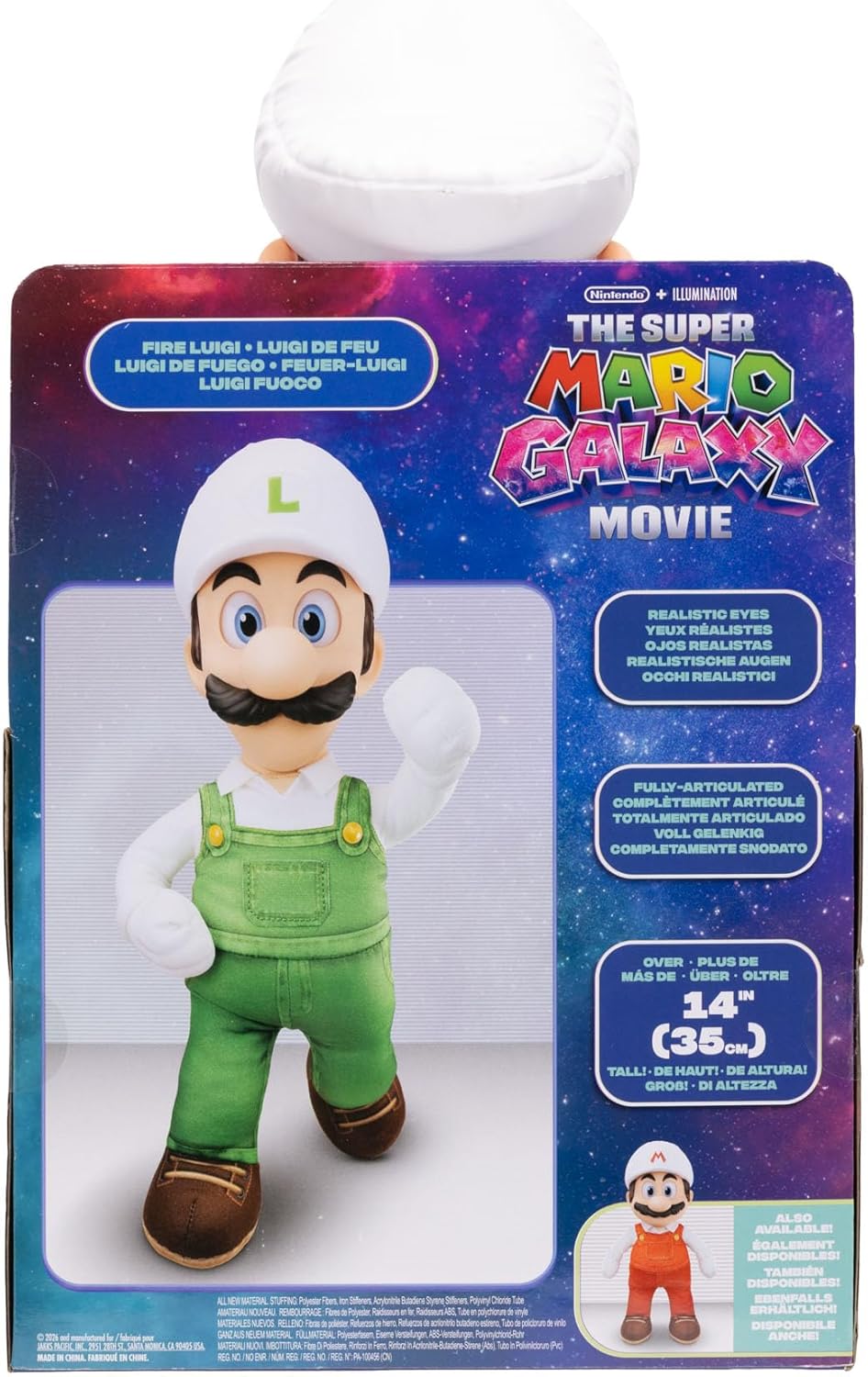 The Super Mario Galaxy Movie Fire Luigi Poseable Plush 15" / 38cm, Officially Licensed by Jakks Pacific, Plush with Sculpted Roto Head, Nintendo Collectible Plush, for Ages 3+