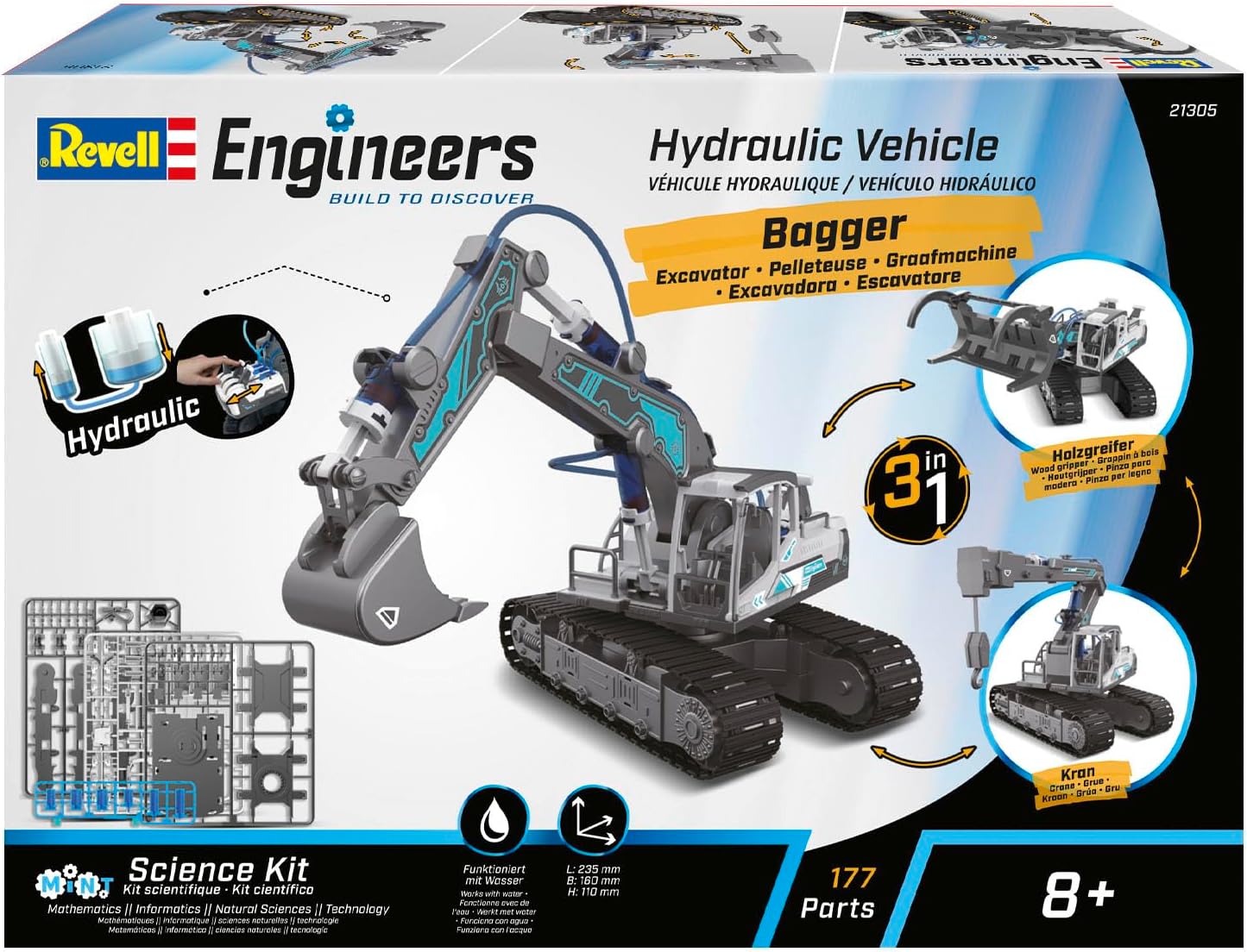 Revell Engineers 21305 Hydraulic Excavator 3in1 Science Kit I 177 Parts I Water Powered I 23.5cm In Length
