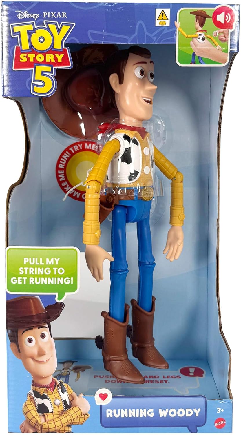 Mattel Disney en Pixar Toy Story 5 Rennende Woody actiefiguur van 30 cm met meer dan 50 zinnen en geluiden uit de film, filmaccuraat, JKL95