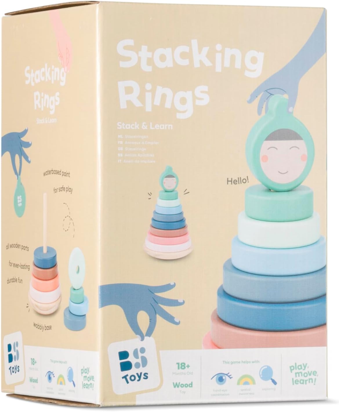 BS Toys Stapelringen van hout, 8 ringen, basis en hoofd, 1 speler, vanaf 18 maanden