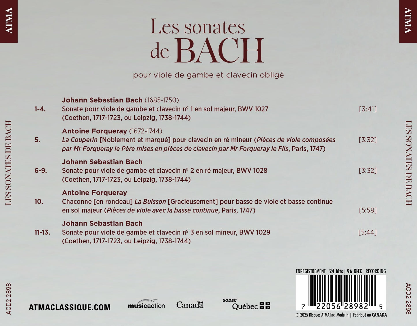 Les Sonates De Bach for Viola Da Gamba and Obbligato Harpsichord