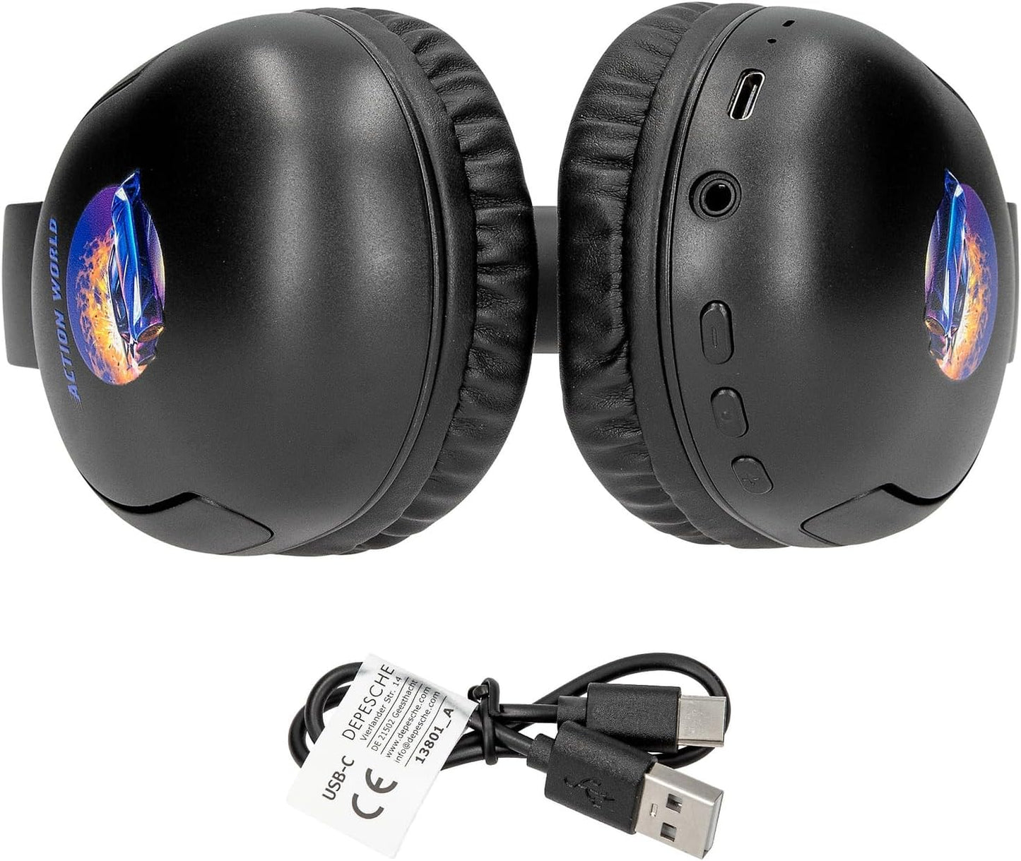 Depesche Action World 13801 Bluetooth Headphones in Black with Racing Car Motif, Wireless, for On the Go with USB-C Charging Cable, Playing Time Approx. 20 Hours