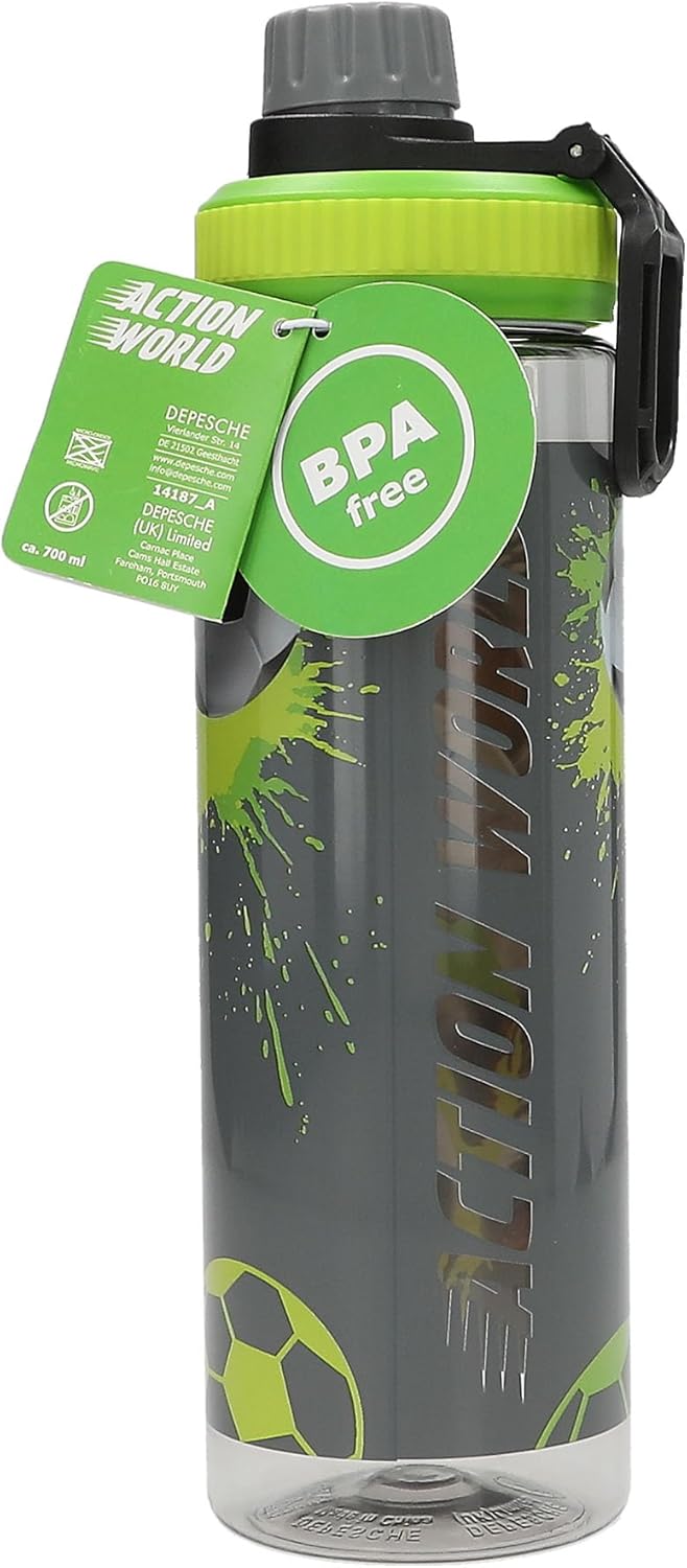 Depesche Action World 14187 Football Drinking Bottle Tritan XL Transparent Green and Grey with Football Motif, Drinking Cap and Handle, Capacity Approx. 700 ml