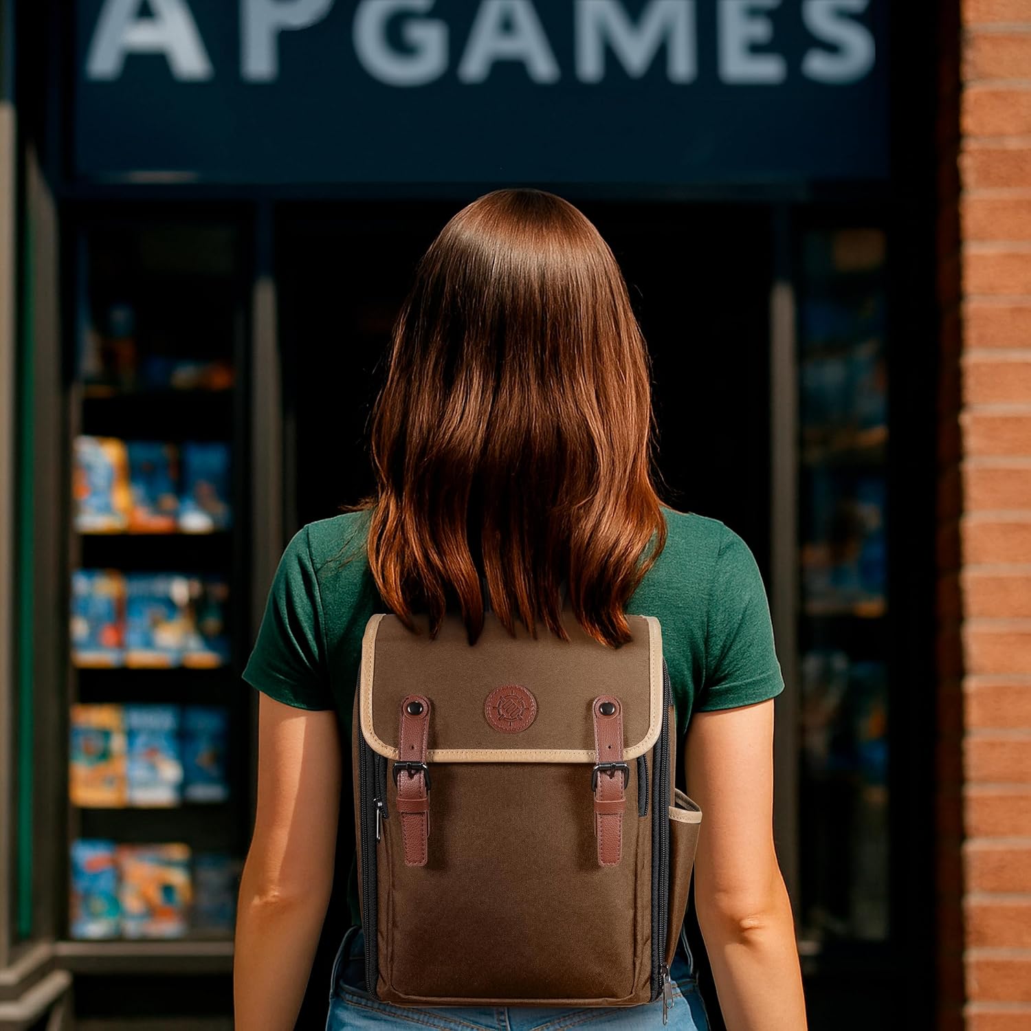 ENHANCE Designer Edition Kompakter MTG-Rucksack mit anpassbarem Innenraum für Magic: The Gathering, Lorcana & mehr - Zubehörfach für Würfelbeutel, Boosterpacks, Tag Tracker, Playmat-Fach (Bräunen