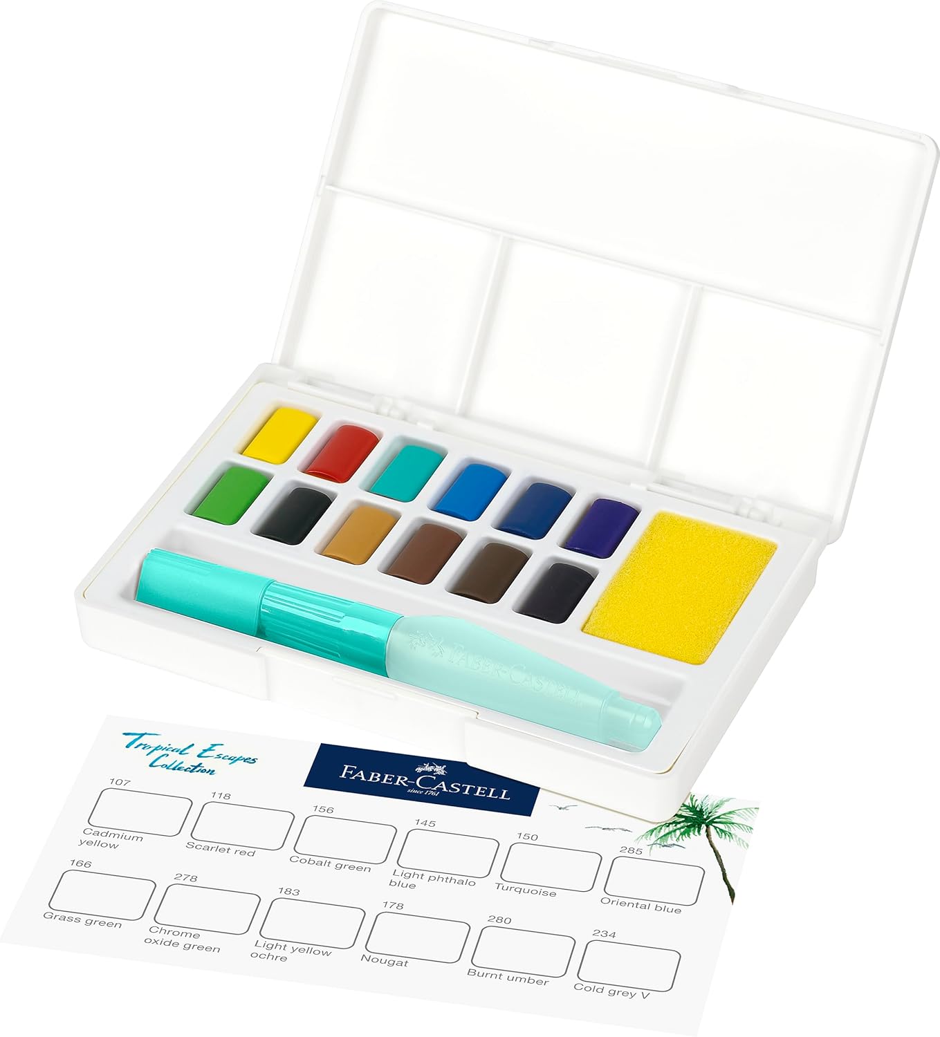 Faber-Castell Creative Studio Aquarel 12 Pan Set + Borstel, Tropisch Ontwerp, Kunst, Schilderij, Thuis, Kantoor, Kunststudio, Kunstenaar Benodigdheden, Cadeau, Cadeau