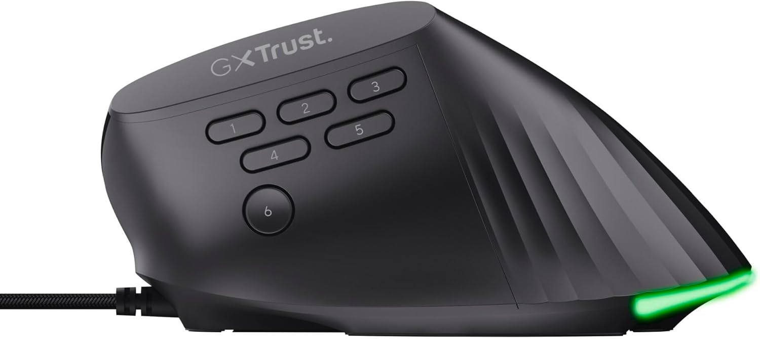 GXTrust 145 Rexxa Mouse Verticale Ergonomico con Illuminazione RGB 12800 DPI, Mouse da Gaming con Filo USB, 10 Pulsanti Programmabli, Software Avanzato, per PC, Laptop, Mac, Windows - Nero