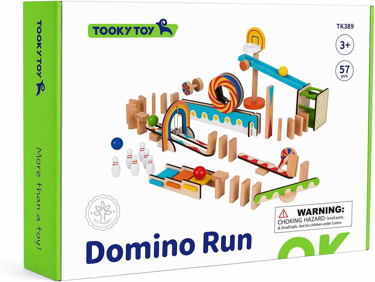 Tooky Toy Domino Run Building 57 Piece Wooden Playset with Kinetic Pinball Set for Kids