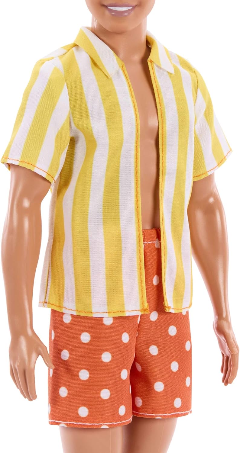 Barbie Fashionistas Style Ken Doll #252 with Blond Hair, Wearing Orange and Yellow Polka-Dot Board Shorts with Yellow and White Striped Shirt, Orange Shoes, JJN66
