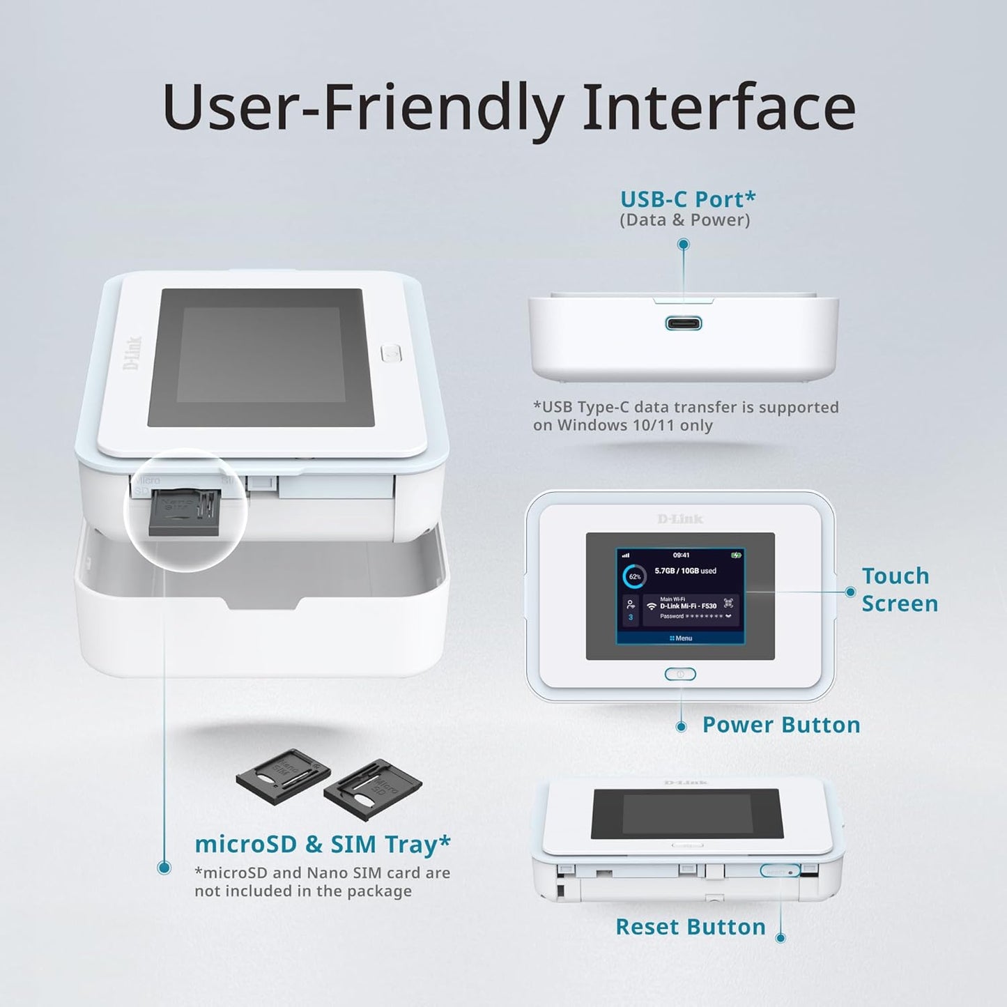 D-Link F530 5G NR AX3000 Wi-Fi 6 Mobile Hotspot, Portable 5G Router, Up to 7.01 Gbps, 2.4" Touchscreen, Connect 32 Devices, 5260 mAh Battery, USB-C PD, microSD File Sharing, SIM Slot, Travel Router