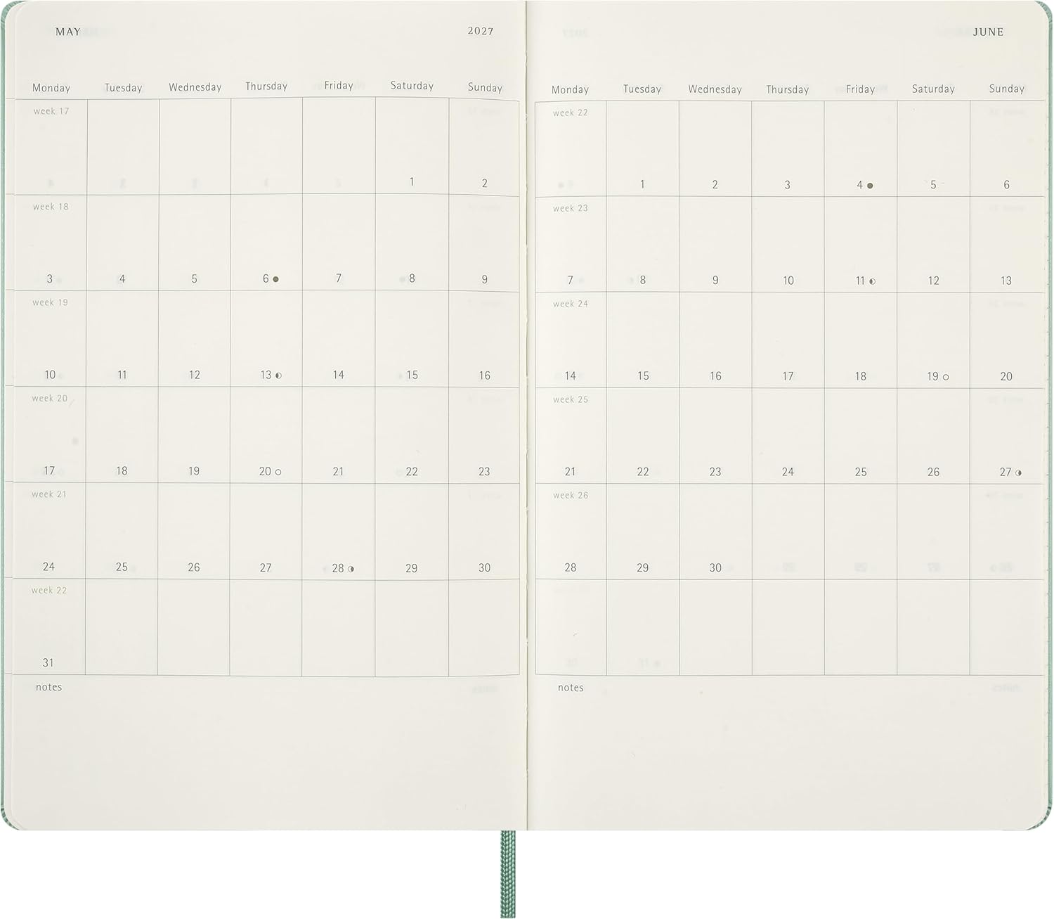 Moleskine Weekly Planner 2027, Hard Cover 12 Month Diary with Space for Notes and Elastic Closure, Large 13x21 Cm, Sage Green