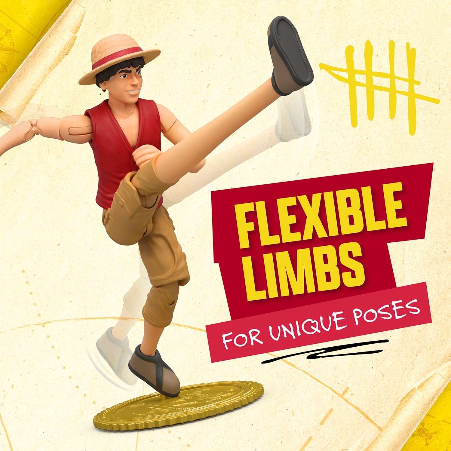 One Piece Monkey D. Luffy Action Figure, 6″ (15 cm) with 6 Accessories, Includes Swappable Arms and Legs, Wanted Poster, and Berry Coin Display Base