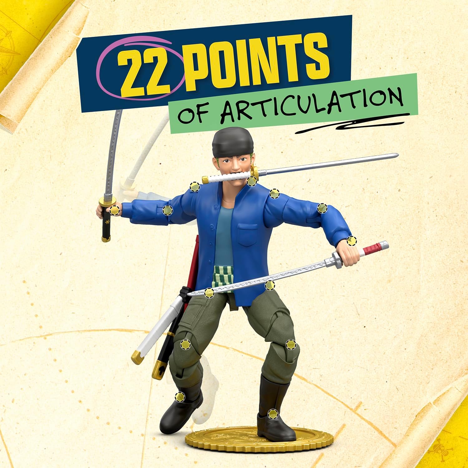 One Piece Actionfigur Zorro, 15,24 cm, mit 5 Zubehörteilen, enthält austauschbare Schwerter, austauschbares Gesicht und Berry-Münzen-Sockel zum Präsentieren