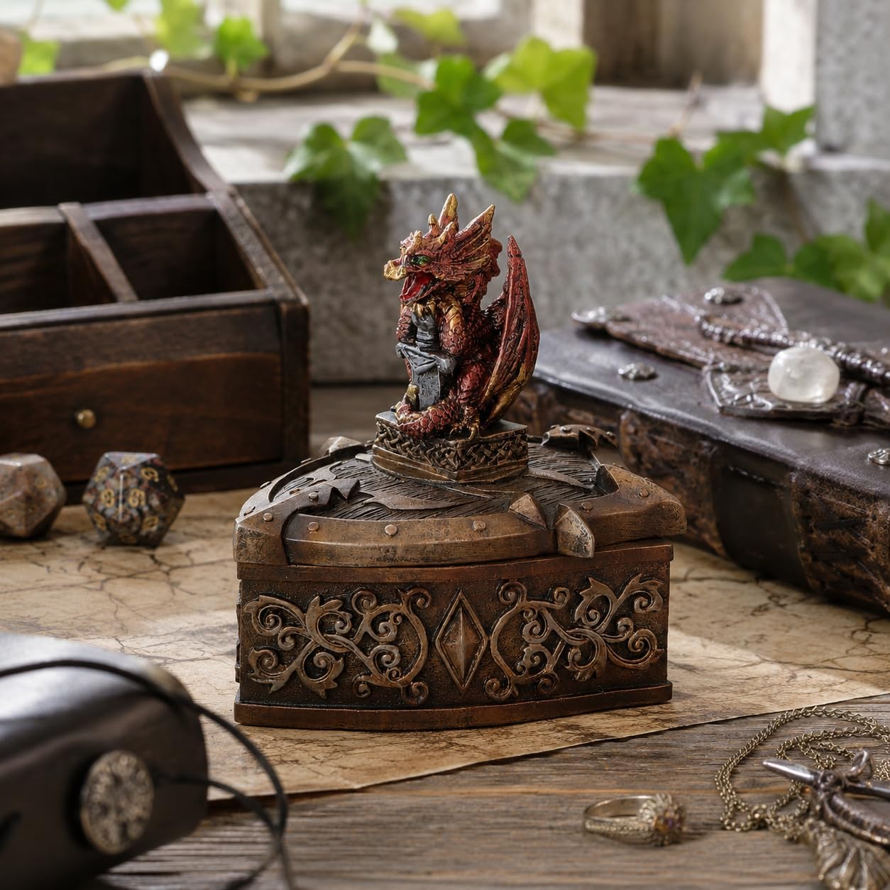 Hoard Defender Box Dragon Trinket Box 10.5cm – Fantasy Shield Storage Box (Red