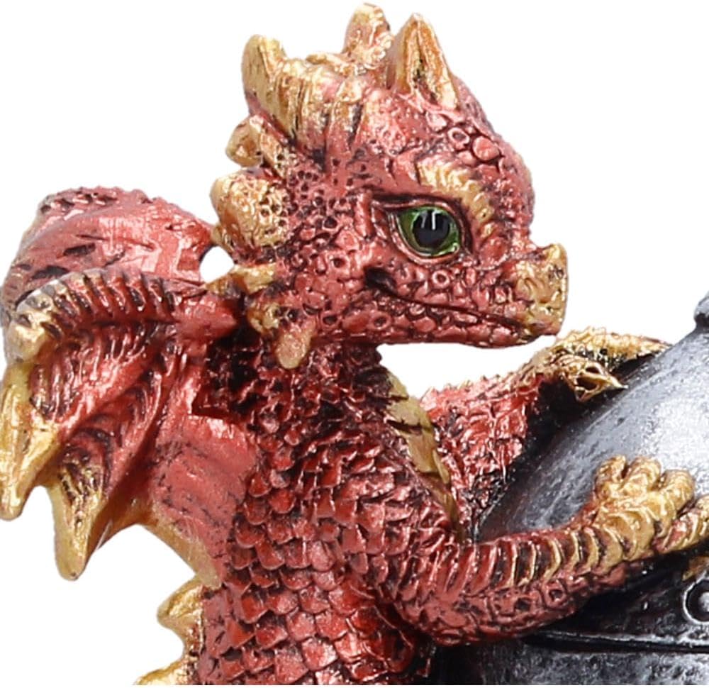 Hatchling Helm Dragon Figurine 13.2cm – Baby Dragon on Knight Helmet Fantasy Ornament (Red