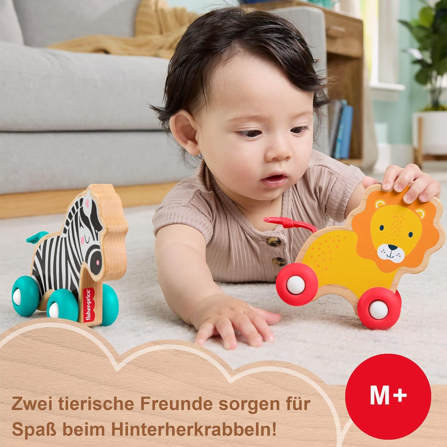 Fisher-Price Holz-Schiebetierchen Spielzeug für Babys, Set aus 2 Schiebetierchen mit Silikonrädern zum Spielen beim Krabbeln für Kleinkinder ab 6 Monaten, JFN19